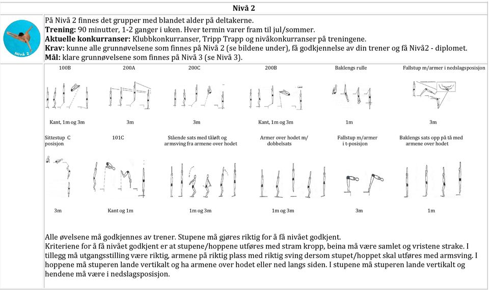 Krav: kunne alle grunnøvelsene som finnes på Nivå 2 (se bildene under), få godkjennelse av din trener og få Nivå2 - diplomet. Mål: klare grunnøvelsene som finnes på Nivå 3 (se Nivå 3).