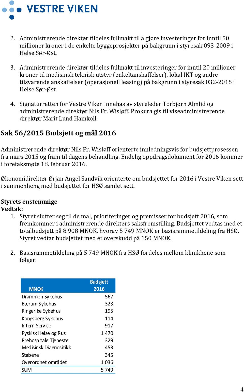 (operasjonell leasing) på bakgrunn i styresak 032-2015 i Helse Sør-Øst. 4. Signaturretten for Vestre Viken innehas av styreleder Torbjørn Almlid og administrerende direktør Nils Fr. Wisløff.