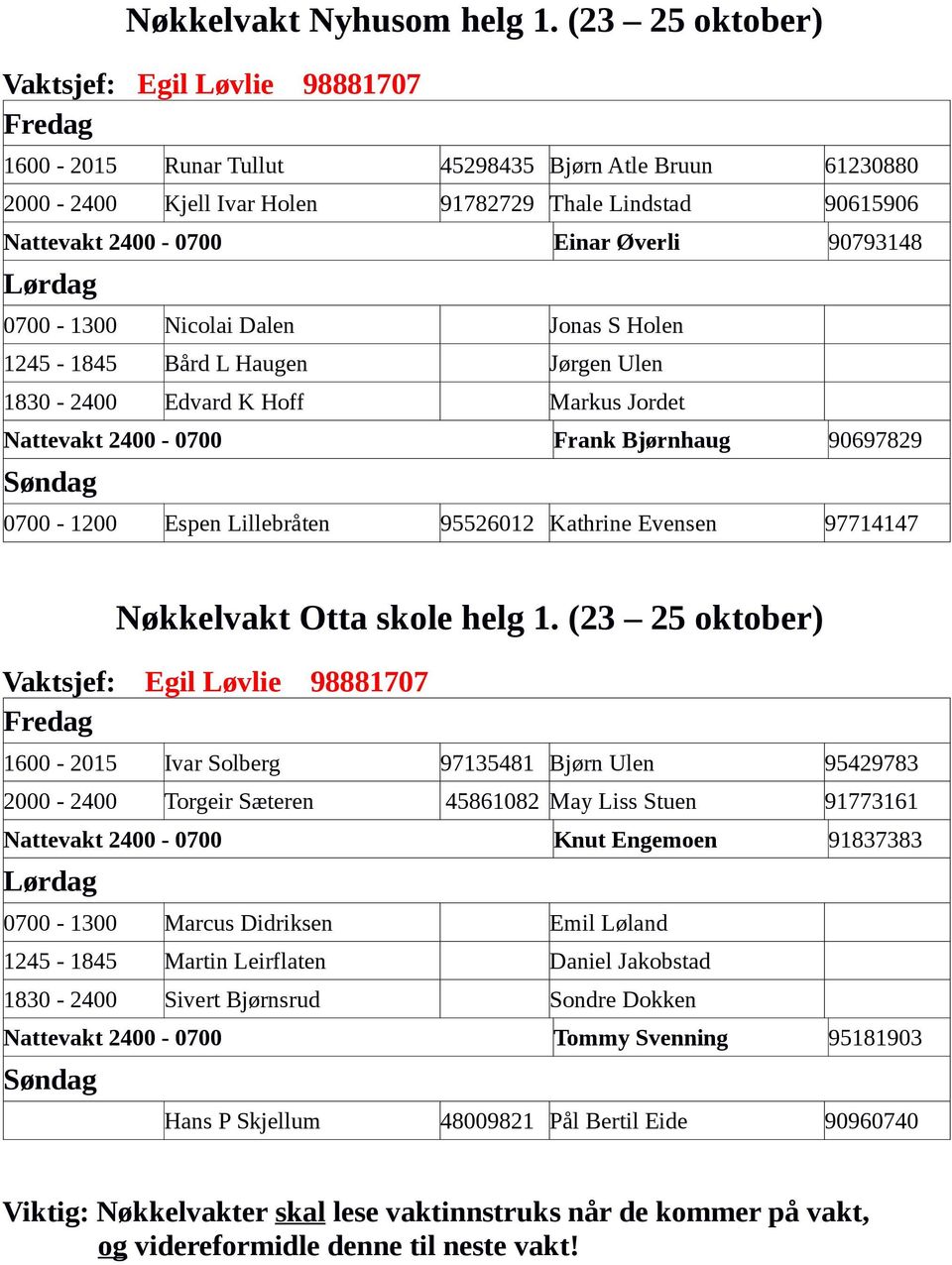 90793148 0700-1300 Nicolai Dalen Jonas S Holen 1245-1845 Bård L Haugen Jørgen Ulen 1830-2400 Edvard K Hoff Markus Jordet Nattevakt 2400-0700 Frank Bjørnhaug 90697829 0700-1200 Espen Lillebråten