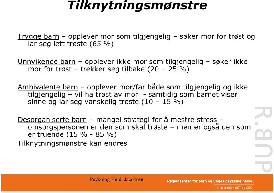 ikke tilgjengelig vil ha trøst av mor - samtidig som barnet viser sinne og lar seg vanskelig trøste (10 15 %) Desorganiserte barn mangel