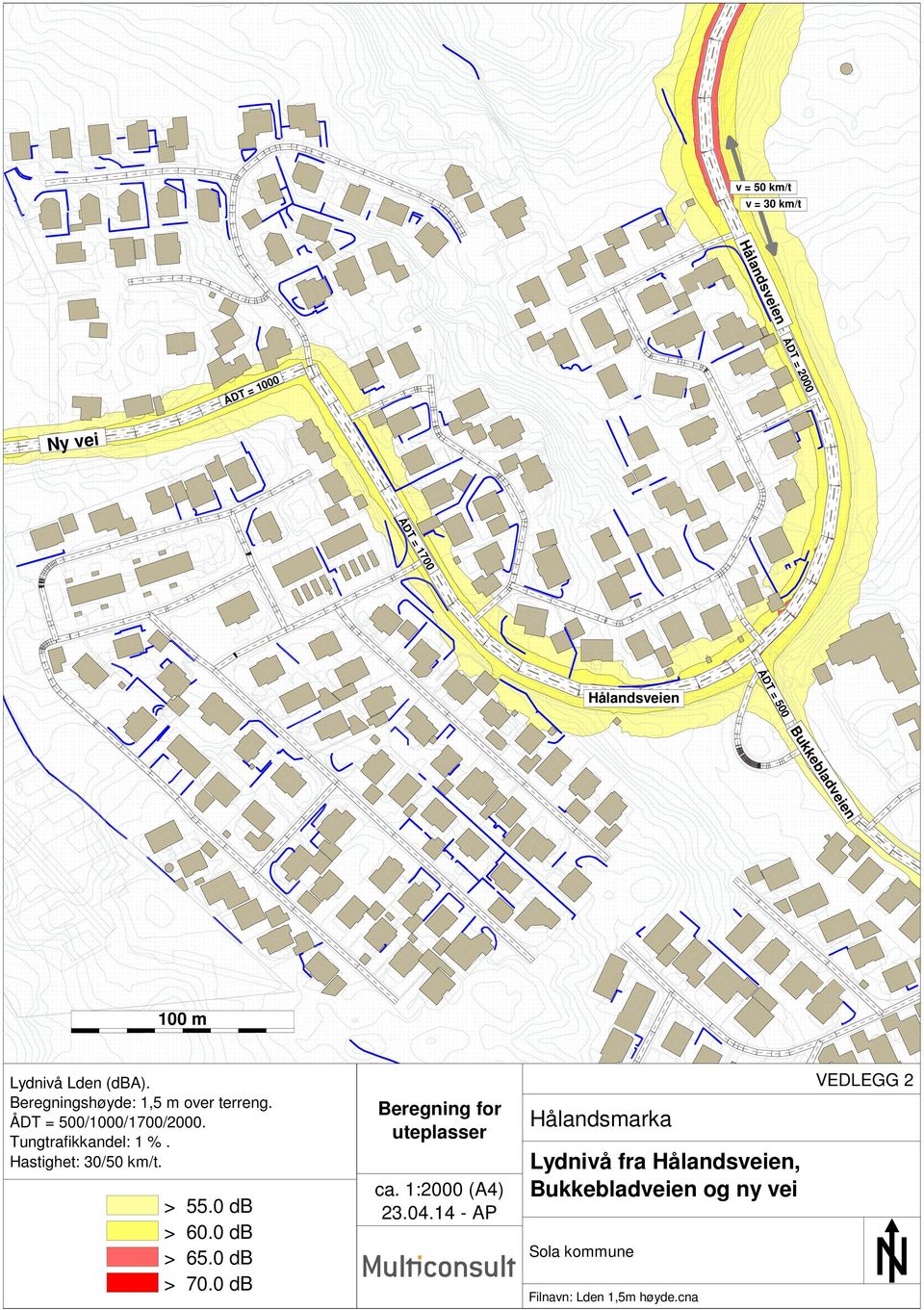 Hastighet: 30/50 km/t. > 55.0 db > 60.0 db > 65.0 db > 70.0 db Beregning for uteplasser ca. 1:2000 (A4) 23.04.