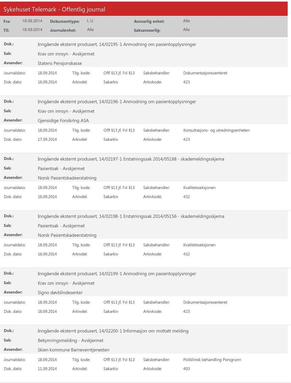 2014 Arkivdel: Sakarkiv Inngående eksternt produsert, 14/02197-1 Erstatningssak 2014/05188 - skademeldingsskjema Inngående eksternt produsert, 14/02198-1 Erstatningssak 2014/05156 -