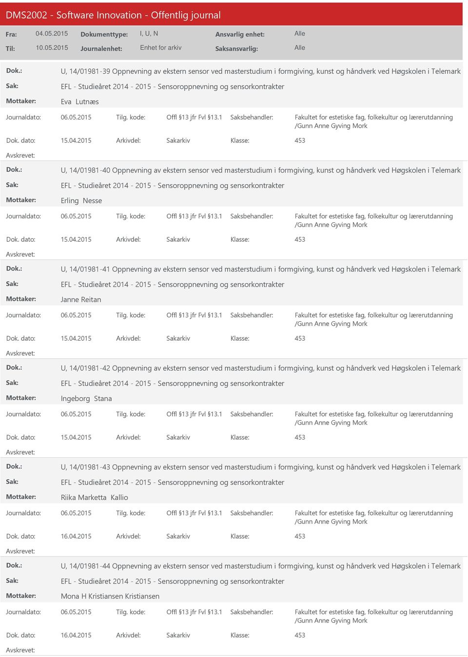 2015 Arkivdel: Sakarkiv, 14/01981-41 Oppnevning av ekstern sensor ved masterstudium i formgiving, kunst og håndverk ved Høgskolen i Telemark Janne Reitan Dok. dato: 15.04.