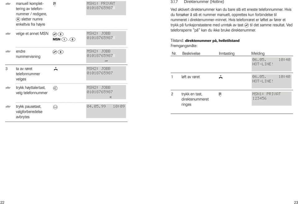 9988810:09 8888888888888888.1.7 Direktenummer (Htline) Ved aktivert direktenummer kan du bare slå ett eneste telefnnummer.