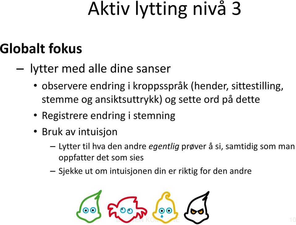 Registrere endring i stemning Bruk av intuisjon Lytter til hva den andre egentlig prøver å