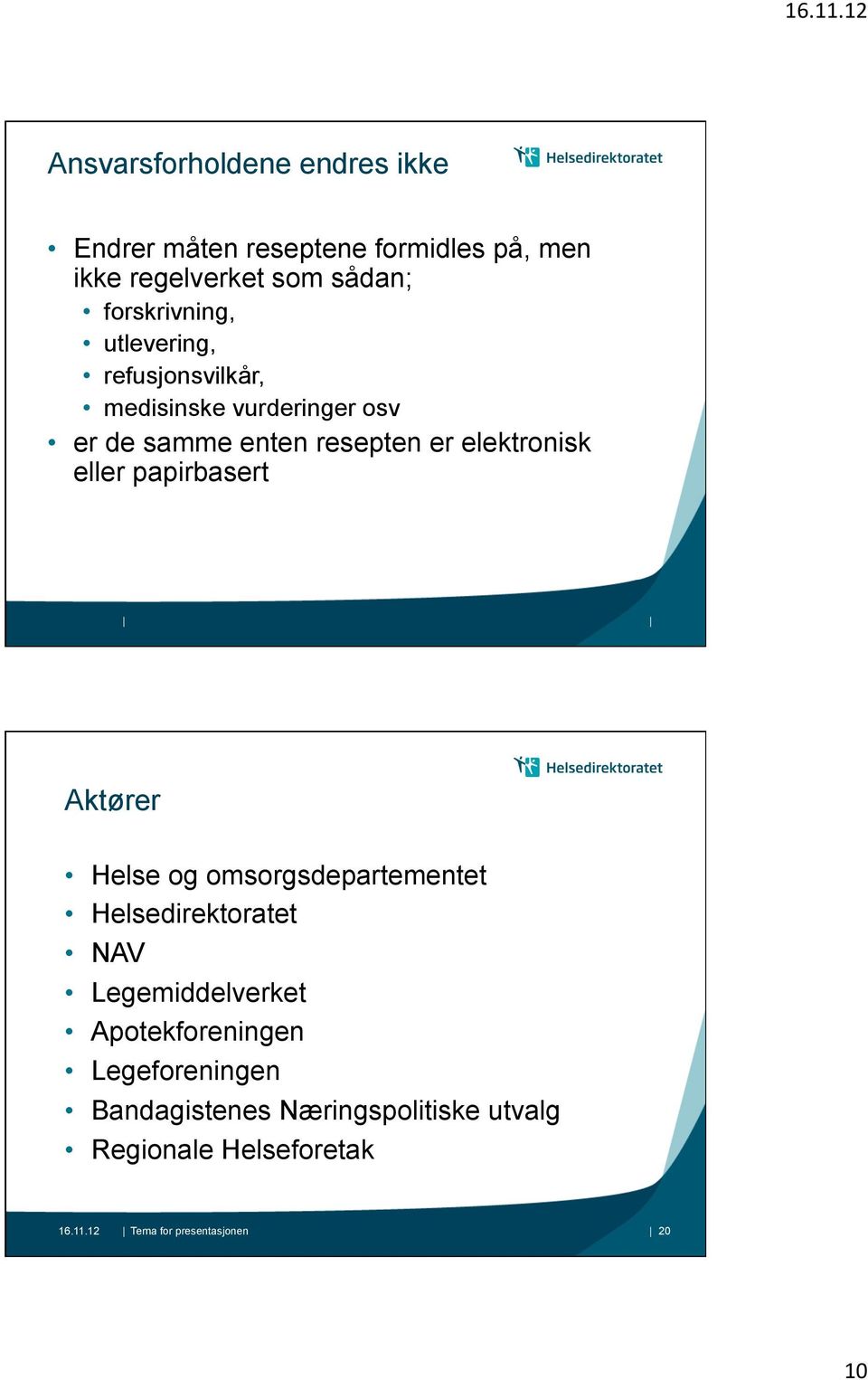 elektronisk eller papirbasert Aktører Helse og omsorgsdepartementet Helsedirektoratet NAV Legemiddelverket