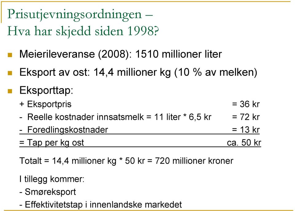 + Eksportpris = 36 kr - Reelle kostnader innsatsmelk = 11 liter * 6,5 kr = 72 kr - Foredlingskostnader = 13