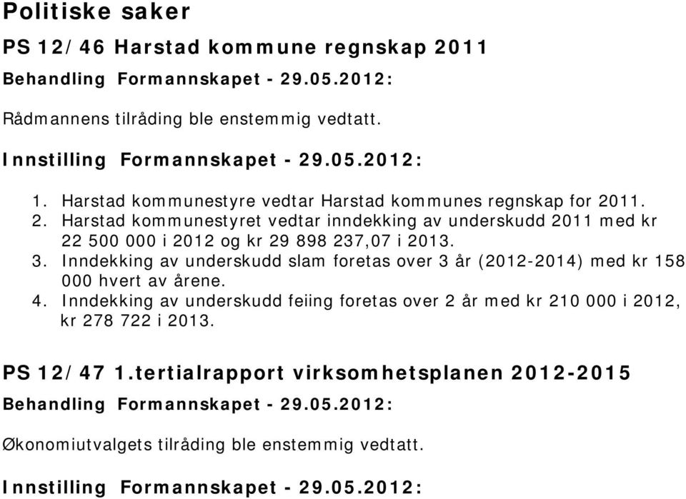 Inndekking av underskudd slam foretas over 3 år (2012-2014) med kr 158 000 hvert av årene. 4.