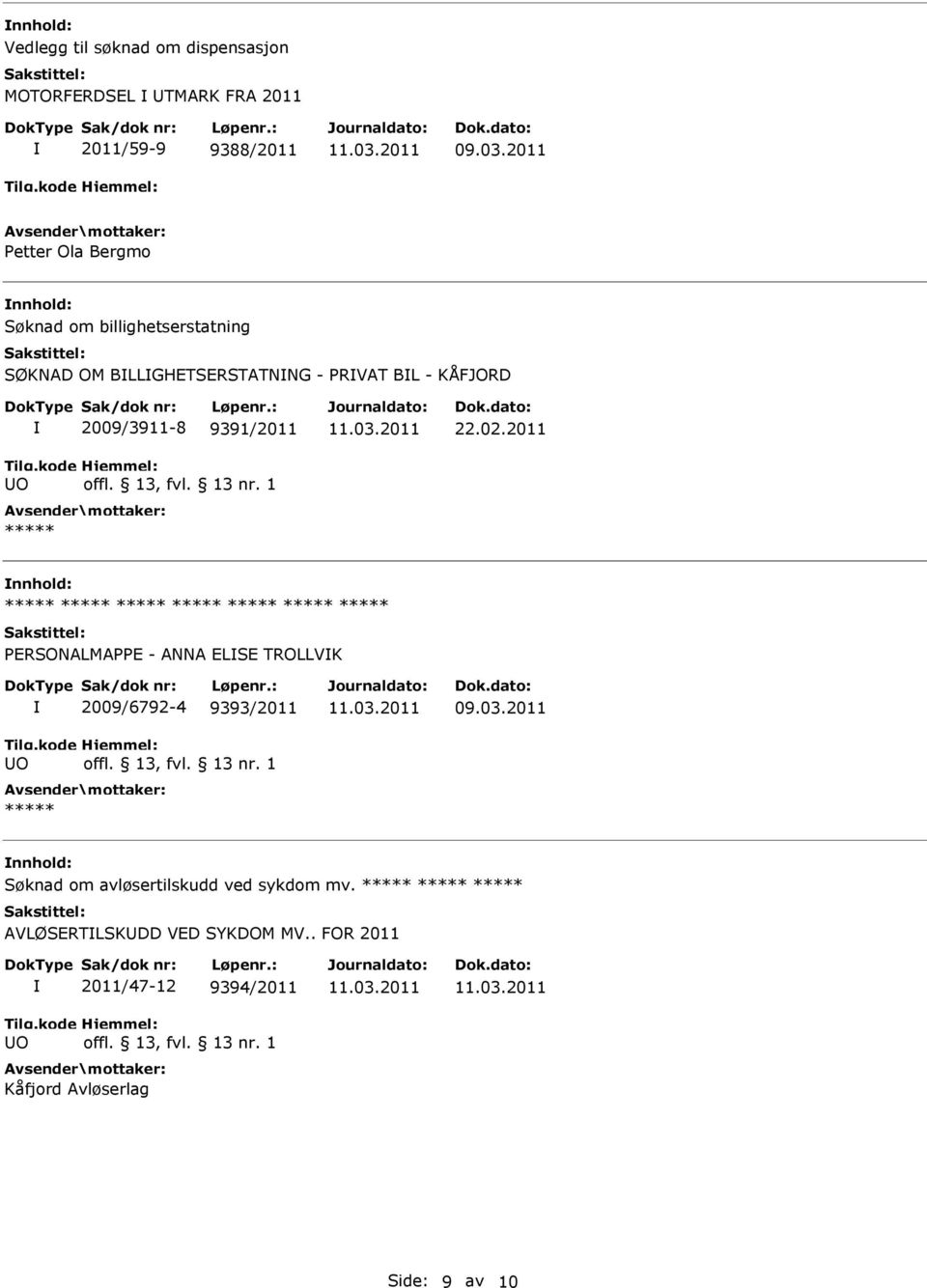 2009/3911-8 9391/2011 22.02.2011 nnhold: PERSONALMAPPE - ANNA ELSE TROLLVK 2009/6792-4 9393/2011 09.03.