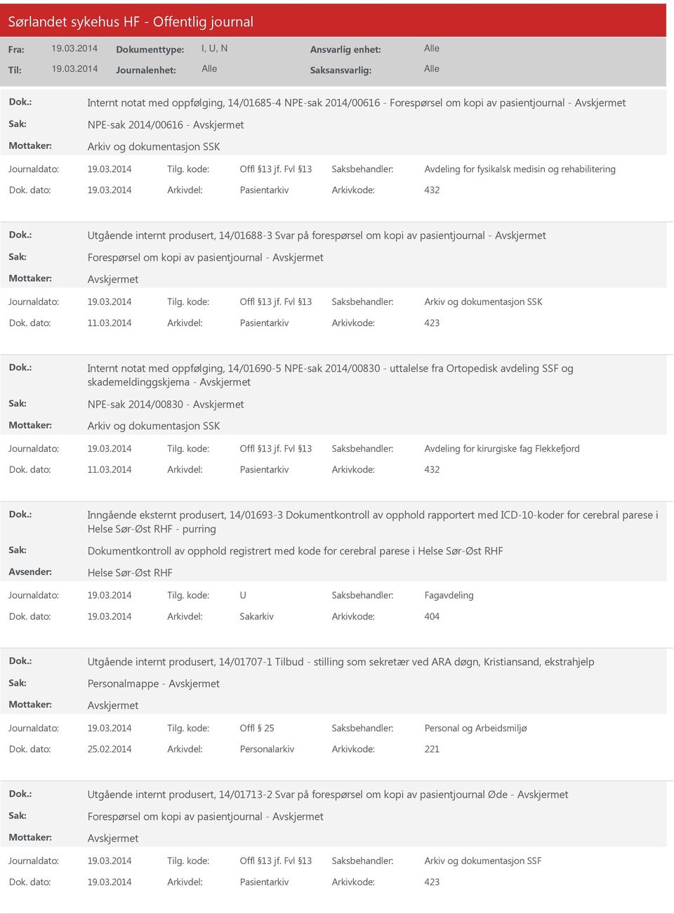 2014 Arkivdel: Pasientarkiv Arkivkode: 423 Internt notat med oppfølging, 14/01690-5 NPE-sak 2014/00830 - uttalelse fra Ortopedisk avdeling SSF og skademeldinggskjema - NPE-sak 2014/00830 - Avdeling