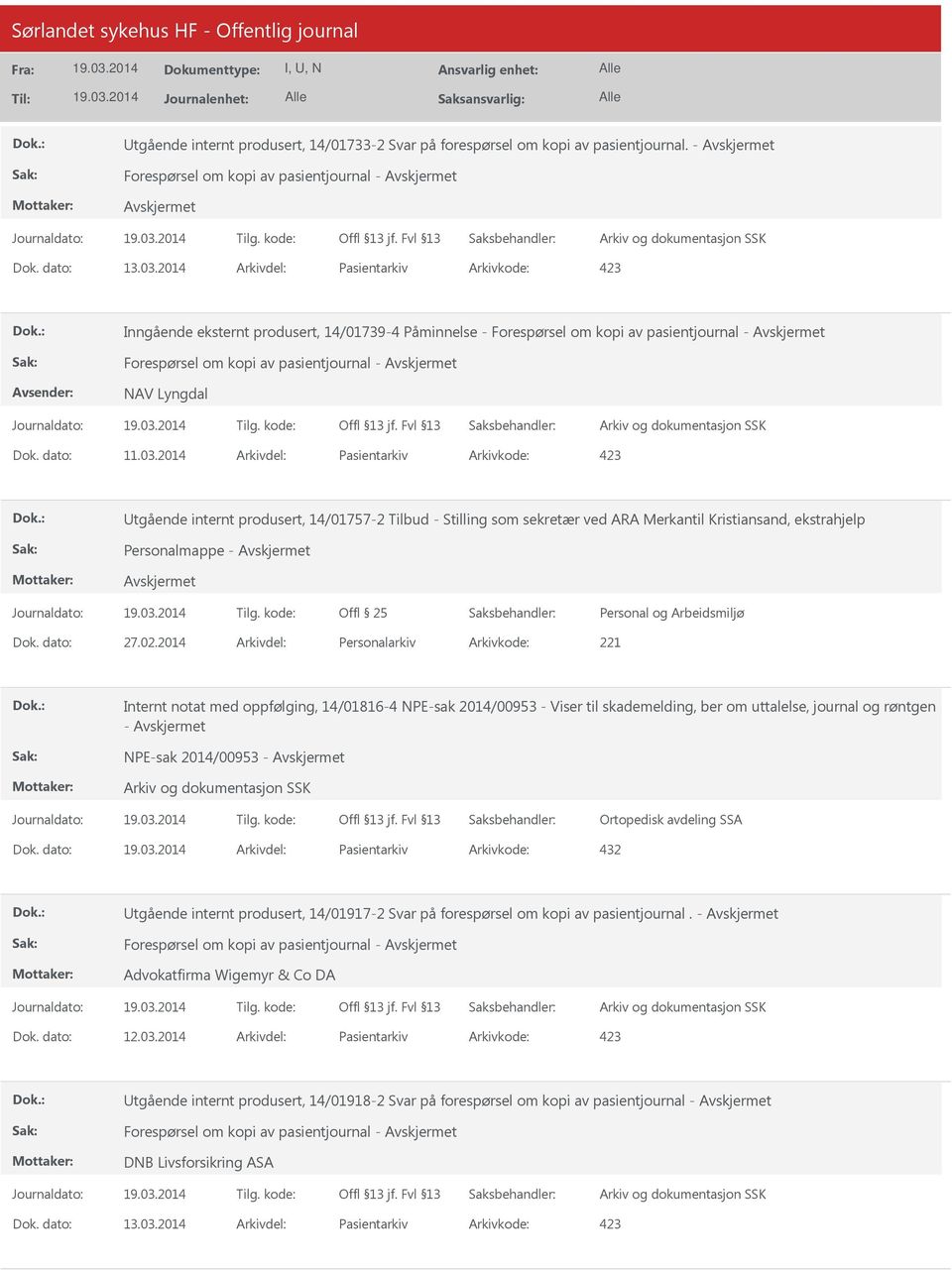 dato: 11.03.2014 Arkivdel: Pasientarkiv Arkivkode: 423 Utgående internt produsert, 14/01757-2 Tilbud - Stilling som sekretær ved ARA Merkantil Kristiansand, ekstrahjelp Personalmappe - Dok. dato: 27.