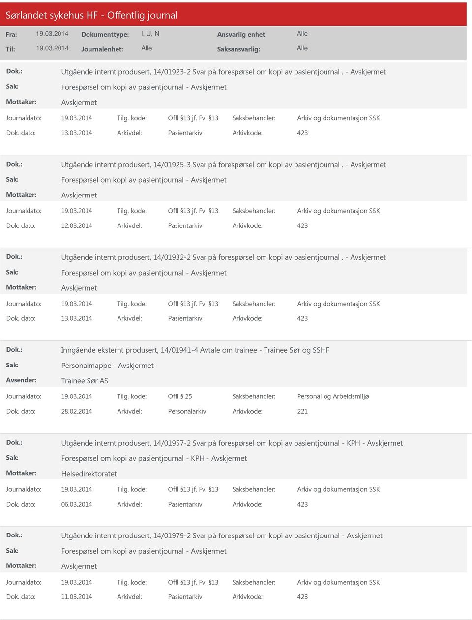 2014 Arkivdel: Pasientarkiv Arkivkode: 423 Utgående internt produsert, 14/01932-2 Svar på forespørsel om kopi av pasientjournal. - Forespørsel om kopi av pasientjournal - Dok. dato: 13.03.