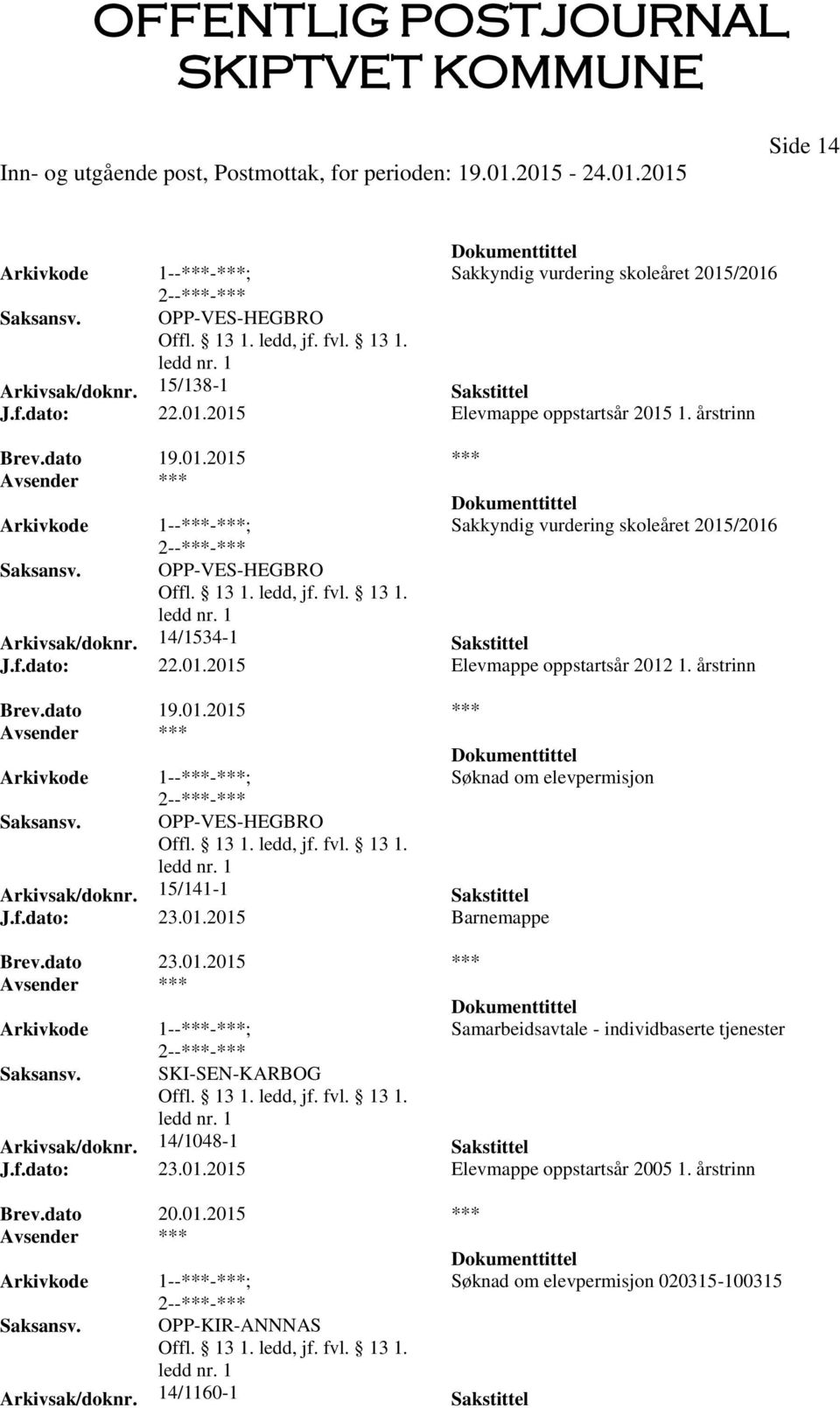 årstrinn Søknad om elevpermisjon OPP-VES-HEGBRO Arkivsak/doknr. 15/141-1 Sakstittel J.f.dato: 23.01.