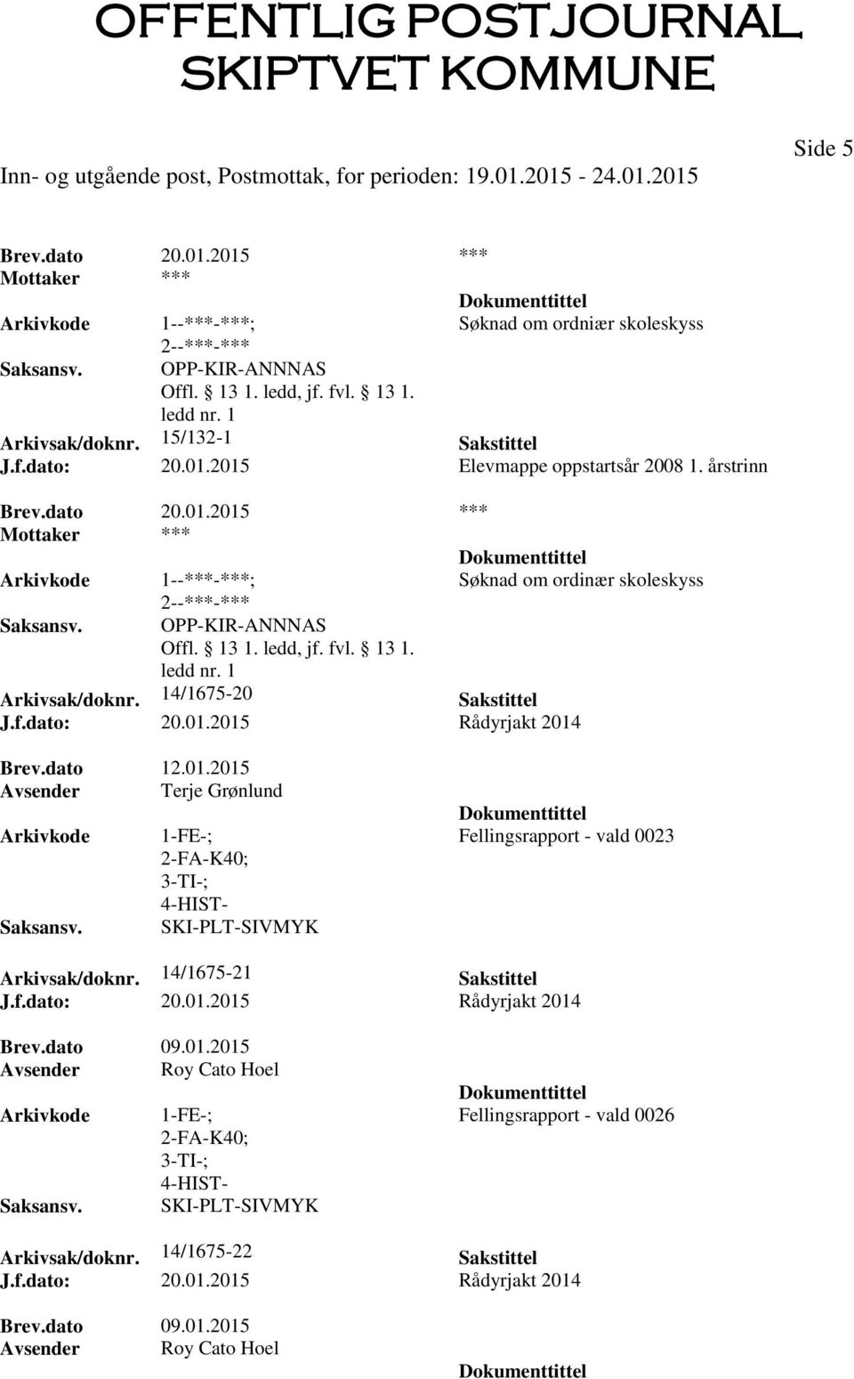 dato 12.01.2015 Avsender Terje Grønlund Fellingsrapport - vald 0023 Arkivsak/doknr. 14/1675-21 Sakstittel J.f.dato: 20.01.2015 Rådyrjakt 2014 Brev.dato 09.01.2015 Avsender Roy Cato Hoel Fellingsrapport - vald 0026 Arkivsak/doknr.