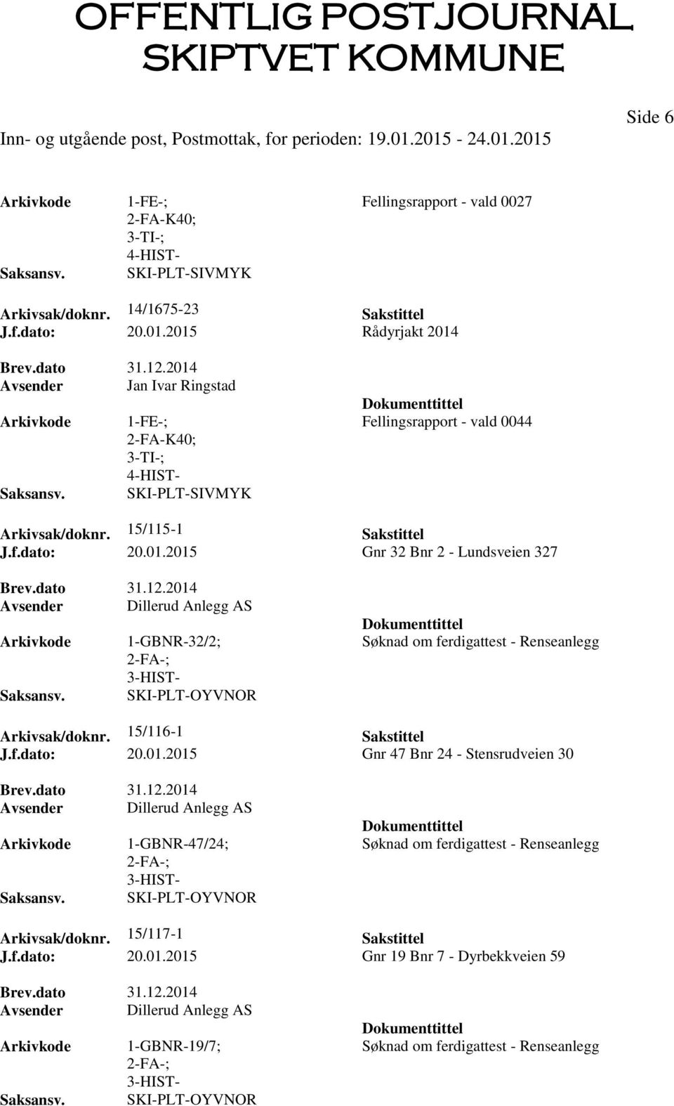 2014 Avsender Dillerud Anlegg AS 1-GBNR-32/2; SKI-PLT-OYVNOR Søknad om ferdigattest - Renseanlegg Arkivsak/doknr. 15/116-1 Sakstittel J.f.dato: 20.01.2015 Gnr 47 Bnr 24 - Stensrudveien 30 Brev.