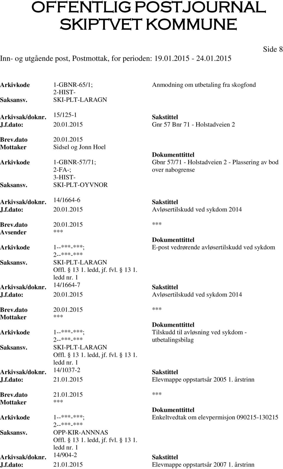 14/1664-6 Sakstittel J.f.dato: 20.01.2015 Avløsertilskudd ved sykdom 2014 Brev.dato 20.01.2015 *** E-post vedrørende avløsertilskudd ved sykdom SKI-PLT-LARAGN Arkivsak/doknr. 14/1664-7 Sakstittel J.f.dato: 20.01.2015 Avløsertilskudd ved sykdom 2014 Brev.dato 20.01.2015 *** SKI-PLT-LARAGN Tilskudd til avløsning ved sykdom - utbetalingsbilag Arkivsak/doknr.