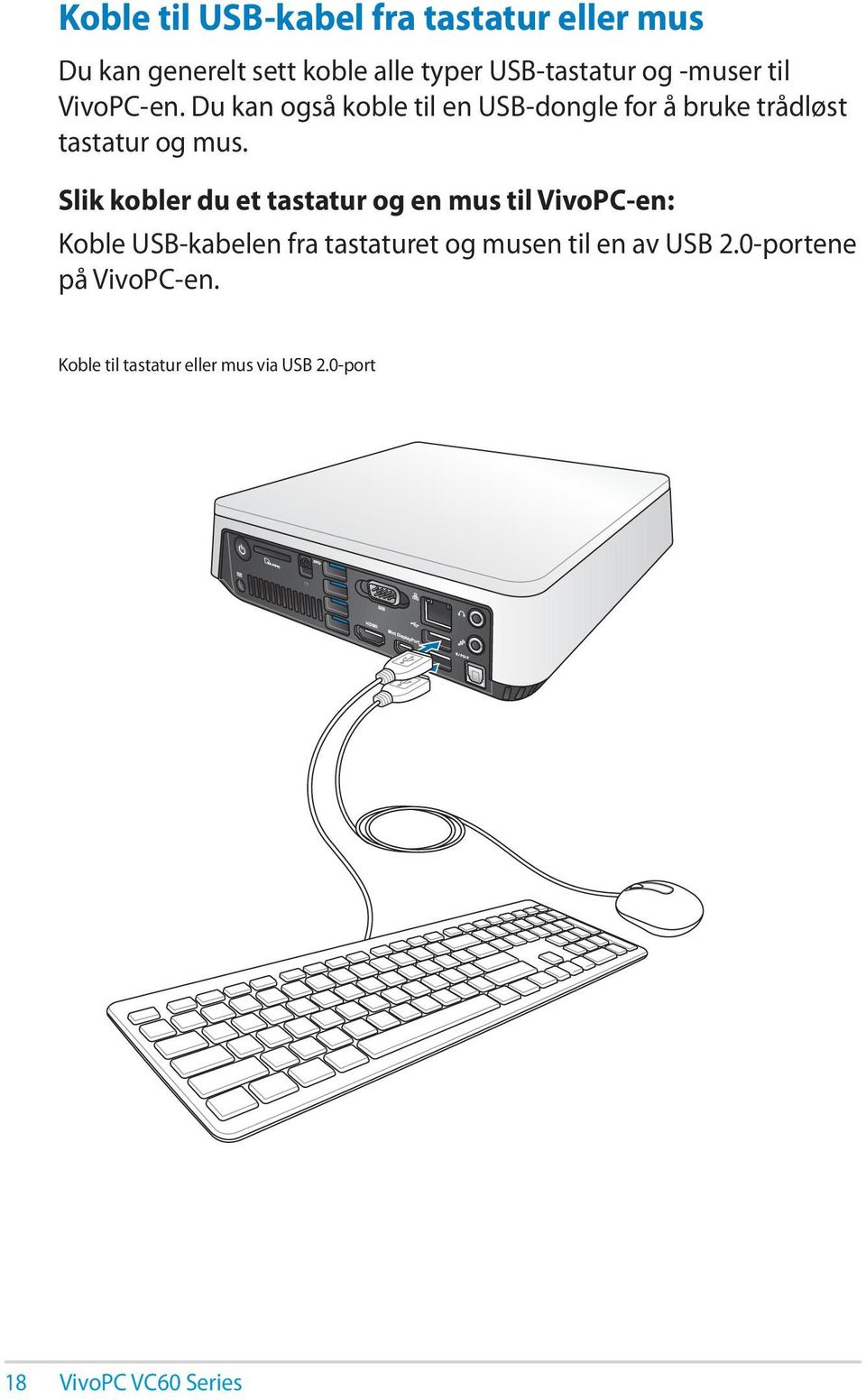 Slik kobler du et tastatur og en mus til VivoPC-en: Koble USB-kabelen fra tastaturet og musen til