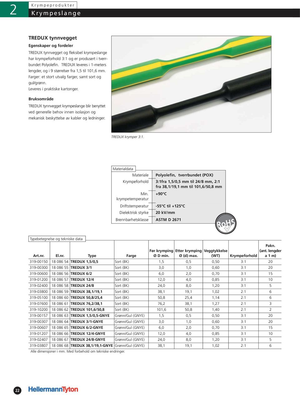 TREDUX tynnvegget krympeslange blir benyttet ved generelle behov innen isolasjon og mekanisk beskyttelse av kabler og ledninger. TREDUX krymper 3:1. Pakn. Før Etter (ant. lengder Ø D min. Ø (d) max.