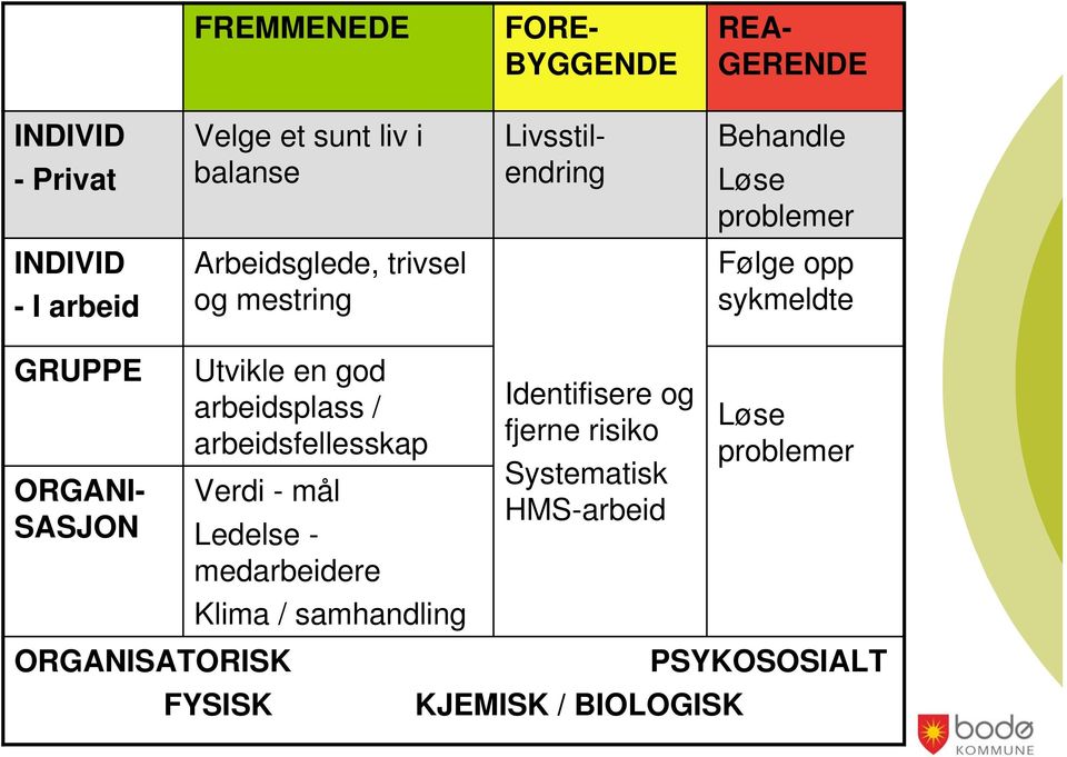 arbeidsplass / arbeidsfellesskap Identifisere og fjerne risiko Systematisk HMS-arbeid Løse problemer ORGANI-