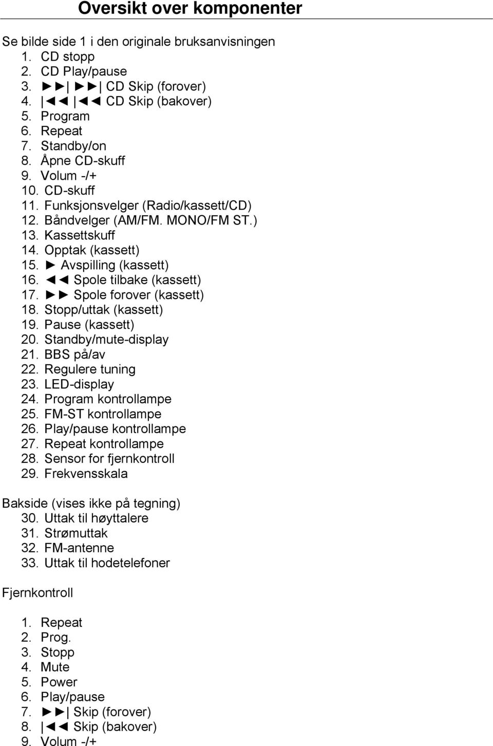 Spole forover (kassett) 18. Stopp/uttak (kassett) 19. Pause (kassett) 20. Standby/mute-display 21. BBS på/av 22. Regulere tuning 23. LED-display 24. Program kontrollampe 25. FM-ST kontrollampe 26.