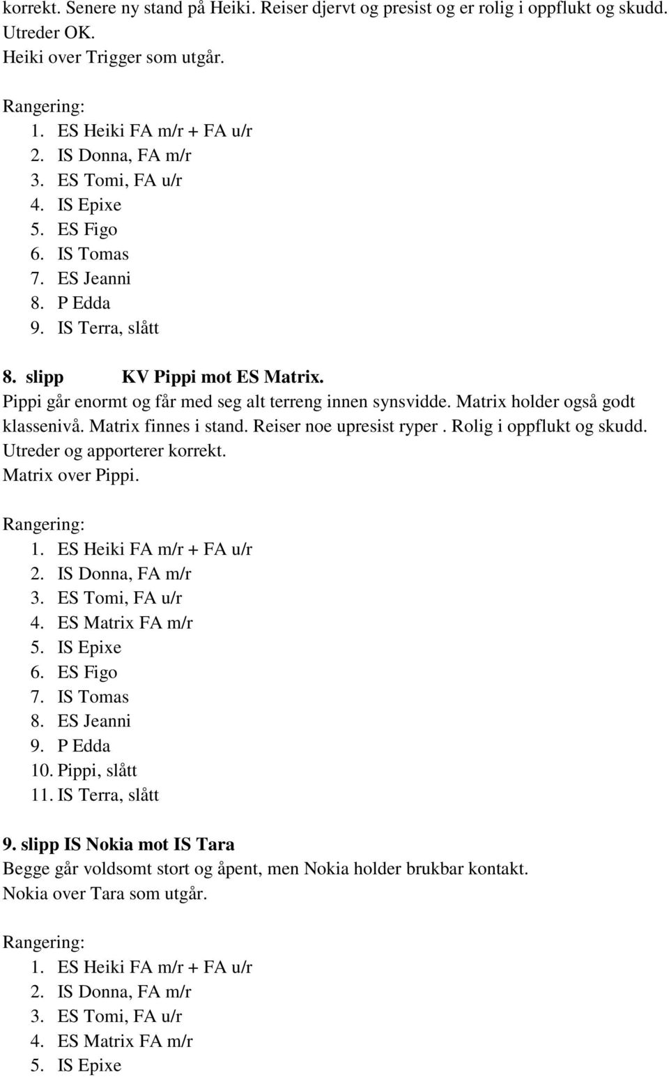 Reiser noe upresist ryper. Rolig i oppflukt og skudd. Utreder og apporterer korrekt. Matrix over Pippi. 4. ES Matrix FA m/r 5. IS Epixe 6. ES Figo 7. IS Tomas 8. ES Jeanni 9. P Edda 10.