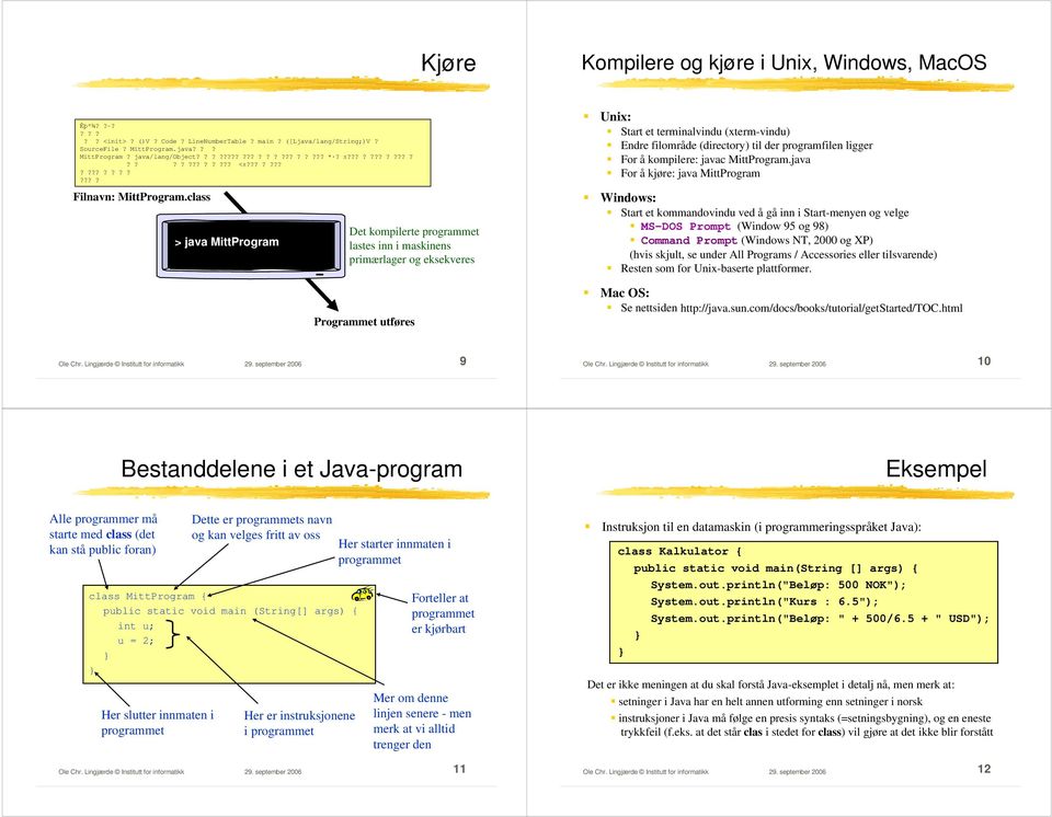 class > java MittProgram Det kompilerte programmet lastes inn i maskinens primærlager og eksekveres Programmet utføres Unix: Start et terminalvindu (xterm-vindu) Endre filområde (directory) til der