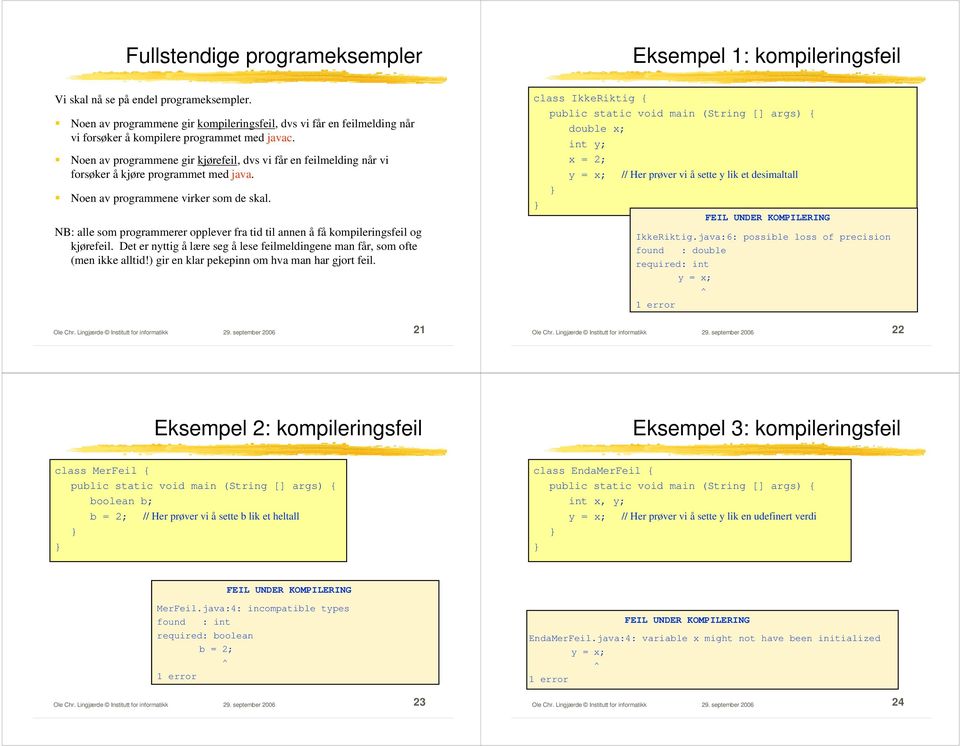 Noen av programmene gir kjørefeil, dvs vi får en feilmelding når vi forsøker å kjøre programmet med java. Noen av programmene virker som de skal.