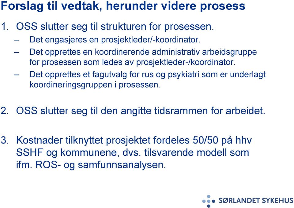 Det opprettes en koordinerende administrativ arbeidsgruppe for prosessen som ledes av prosjektleder-/koordinator.