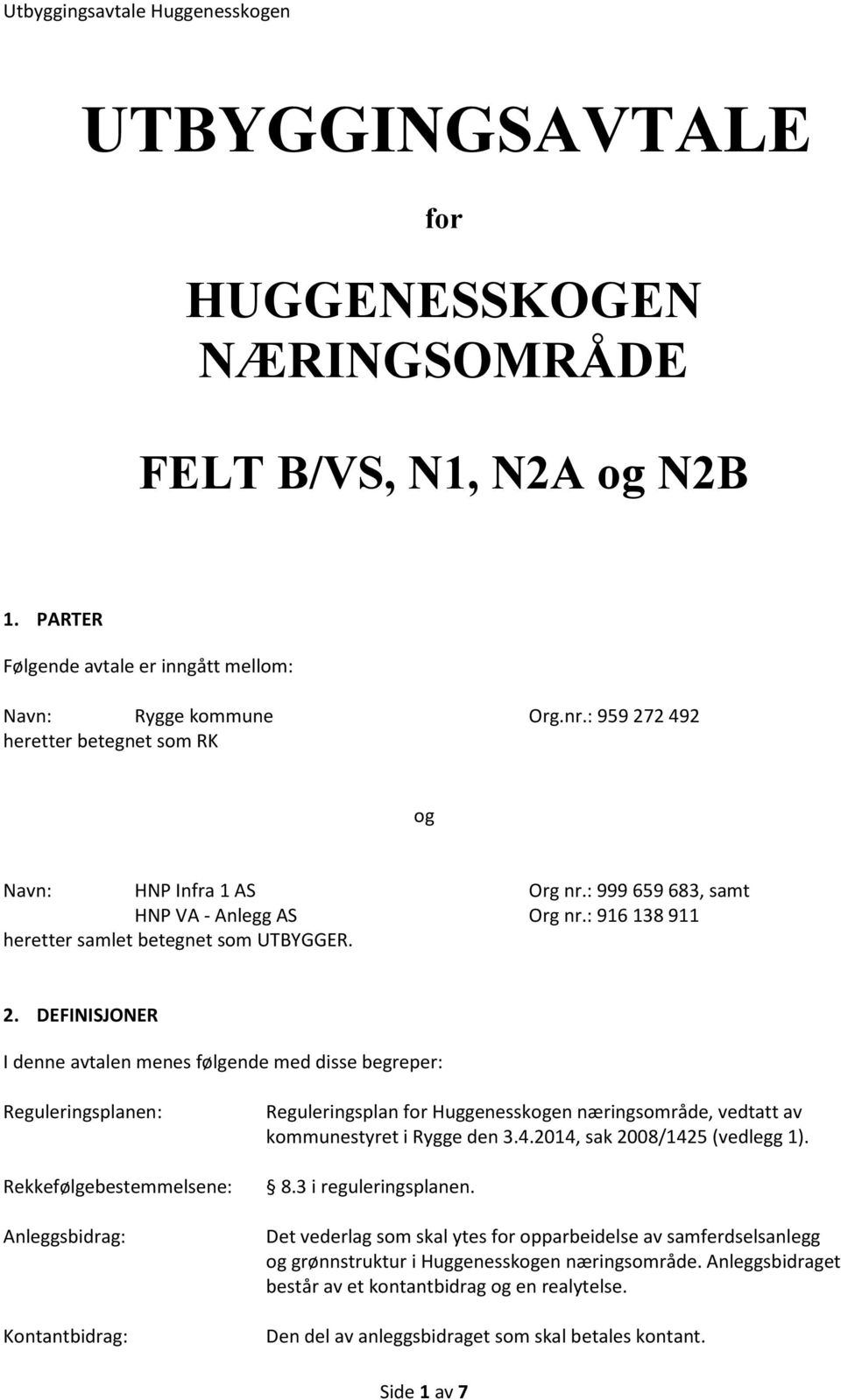 2 492 heretter betegnet som RK og Navn: HNP Infra 1 AS Org nr.: 999 659 683, samt HNP VA - Anlegg AS Org nr.: 916 138 911 heretter samlet betegnet som UTBYGGER. 2.