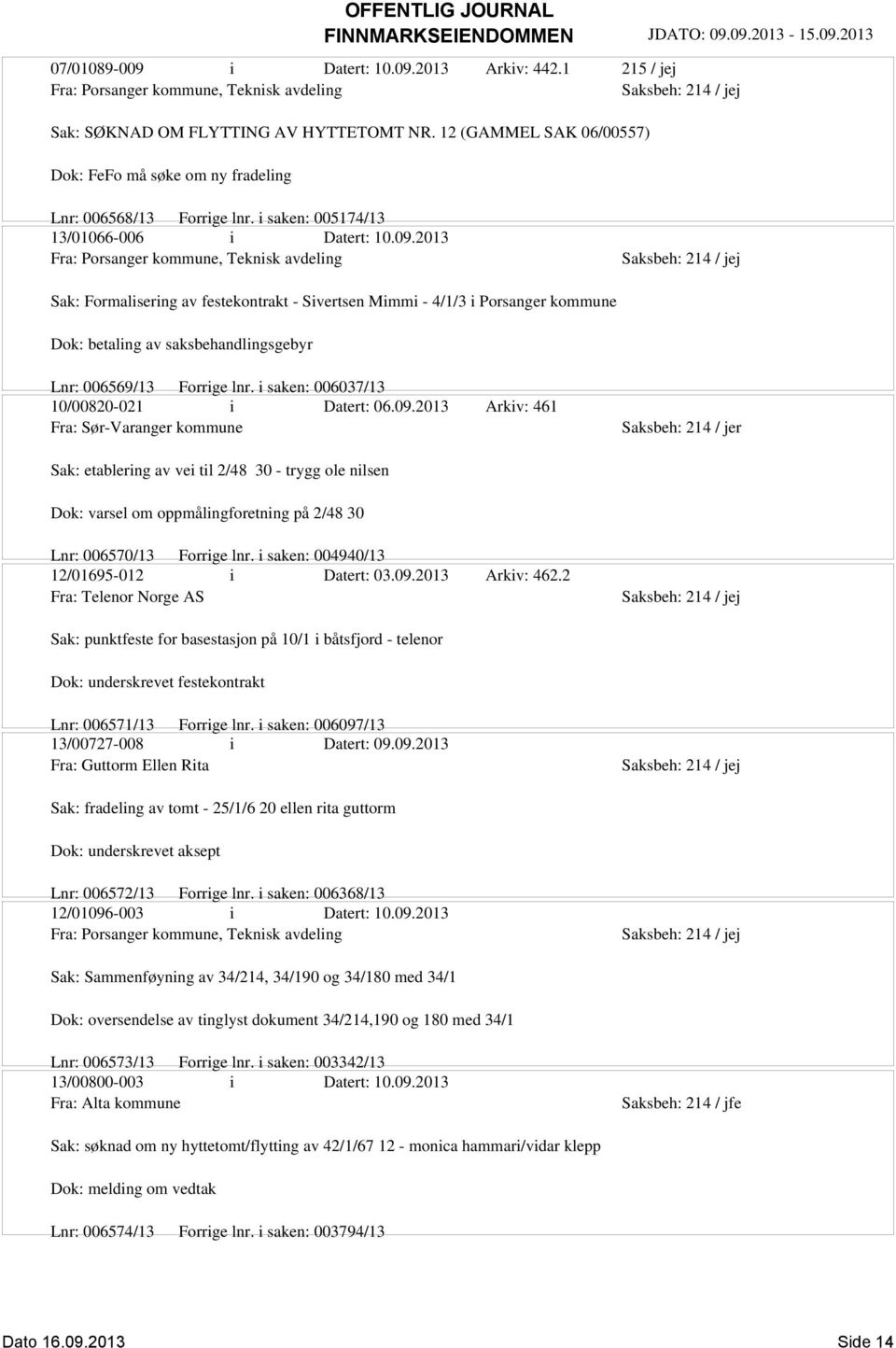 2013 Fra: Porsanger kommune, Teknisk avdeling Sak: Formalisering av festekontrakt - Sivertsen Mimmi - 4/1/3 i Porsanger kommune Dok: betaling av saksbehandlingsgebyr Lnr: 006569/13 Forrige lnr.