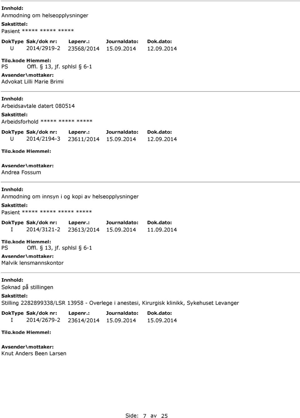 innsyn i og kopi av helseopplysninger 2014/3121-2 23613/2014 Malvik lensmannskontor Stilling 2282899338/LSR