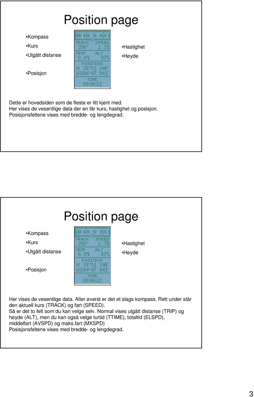 Position page Kompass Kurs Utgått distanse Høyde Posisjon Her vises de vesentlige data. Aller øverst er det et slags kompass.