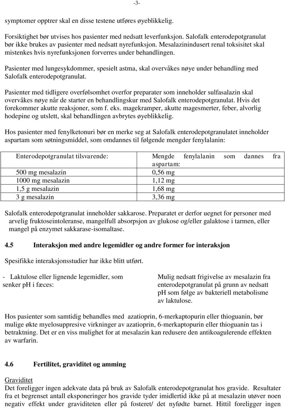 Pasienter med lungesykdommer, spesielt astma, skal overvåkes nøye under behandling med Salofalk enterodepotgranulat.