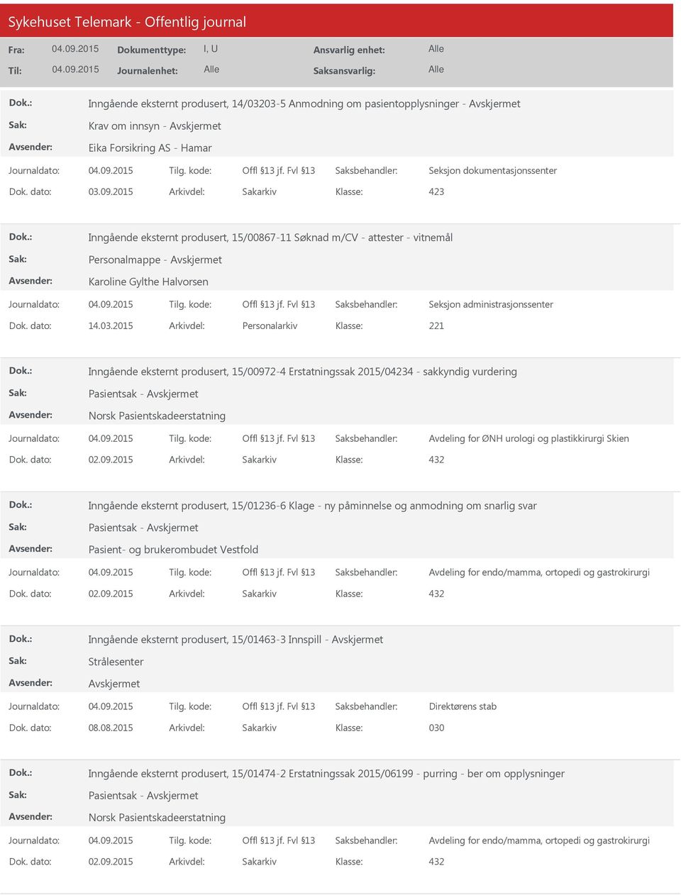 2015 Arkivdel: Personalarkiv Inngående eksternt produsert, 15/00972-4 Erstatningssak 2015/04 - sakkyndig vurdering Avdeling for ØNH urologi og plastikkirurgi Skien Inngående eksternt produsert,