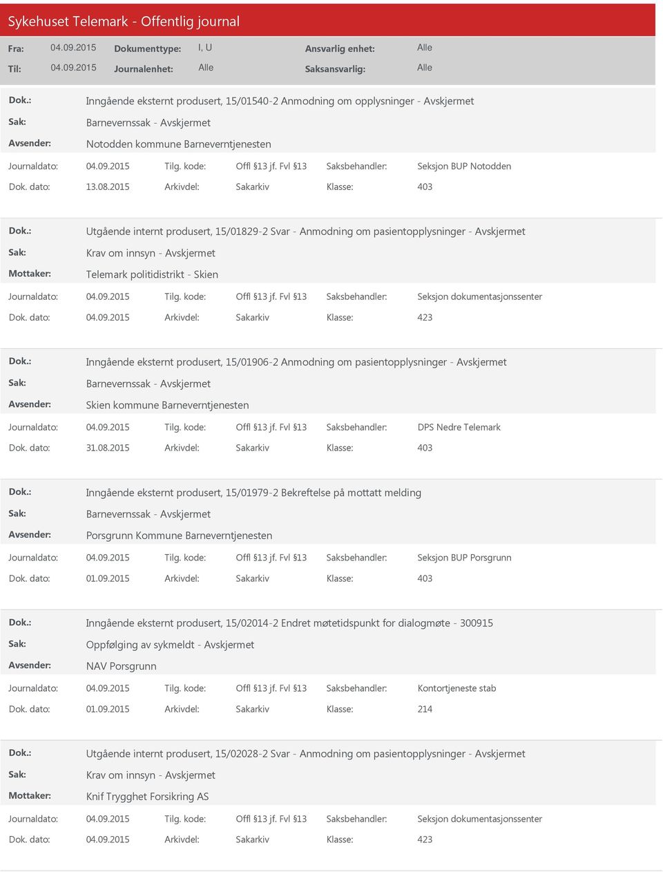 dato: Arkivdel: Sakarkiv Inngående eksternt produsert, 15/01906-2 Anmodning om pasientopplysninger - Avskjermet Skien kommune Barneverntjenesten DPS Nedre Telemark Inngående eksternt produsert,