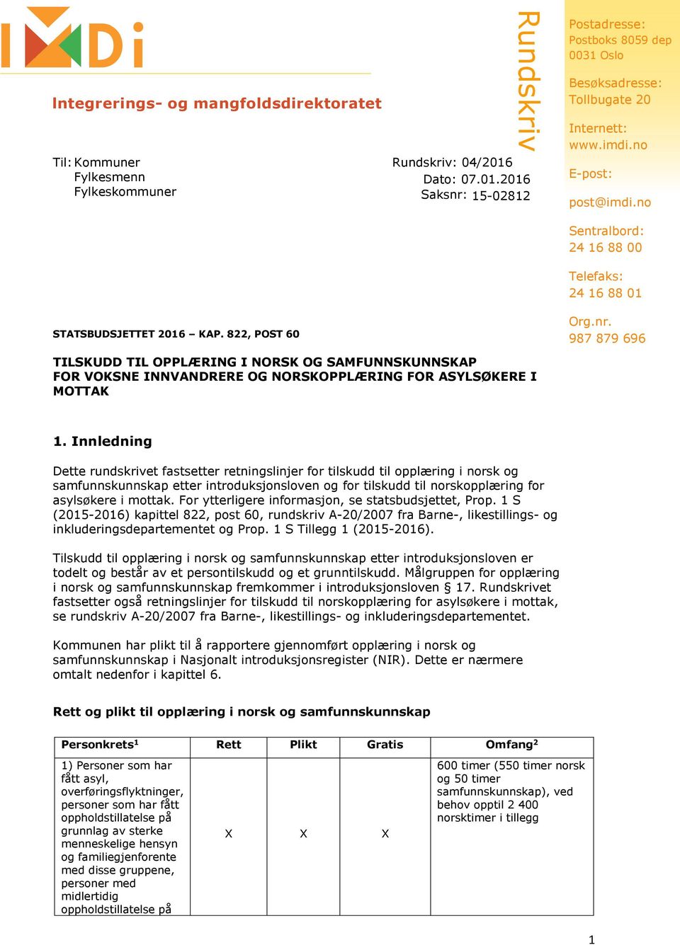 no Sentralbord: 24 16 88 00 Telefaks: 24 16 88 01 Org.nr. 987 879 696 TILSKUDD TIL OPPLÆRING I NORSK OG SAMFUNNSKUNNSKAP FOR VOKSNE INNVANDRERE OG NORSKOPPLÆRING FOR ASYLSØKERE I MOTTAK 1.