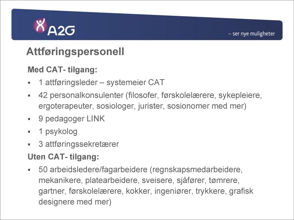 psykolog 3 attføringssekretærer Uten CAT- tilgang: 50 arbeidsledere/fagarbeidere (regnskapsmedarbeidere,