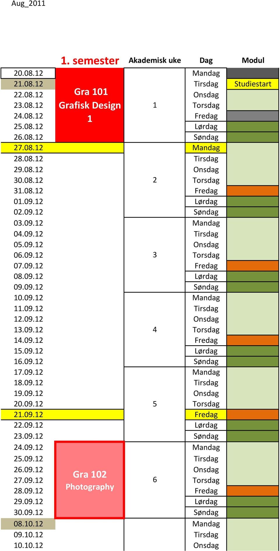 09.12 Lørdag 09.09.12 Søndag 10.09.12 Mandag 11.09.12 Tirsdag 12.09.12 Onsdag 13.09.12 4 Torsdag 14.09.12 Fredag 15.09.12 Lørdag 16.09.12 Søndag 17.09.12 Mandag 18.09.12 Tirsdag 19.09.12 Onsdag 20.09.12 5 Torsdag 21.