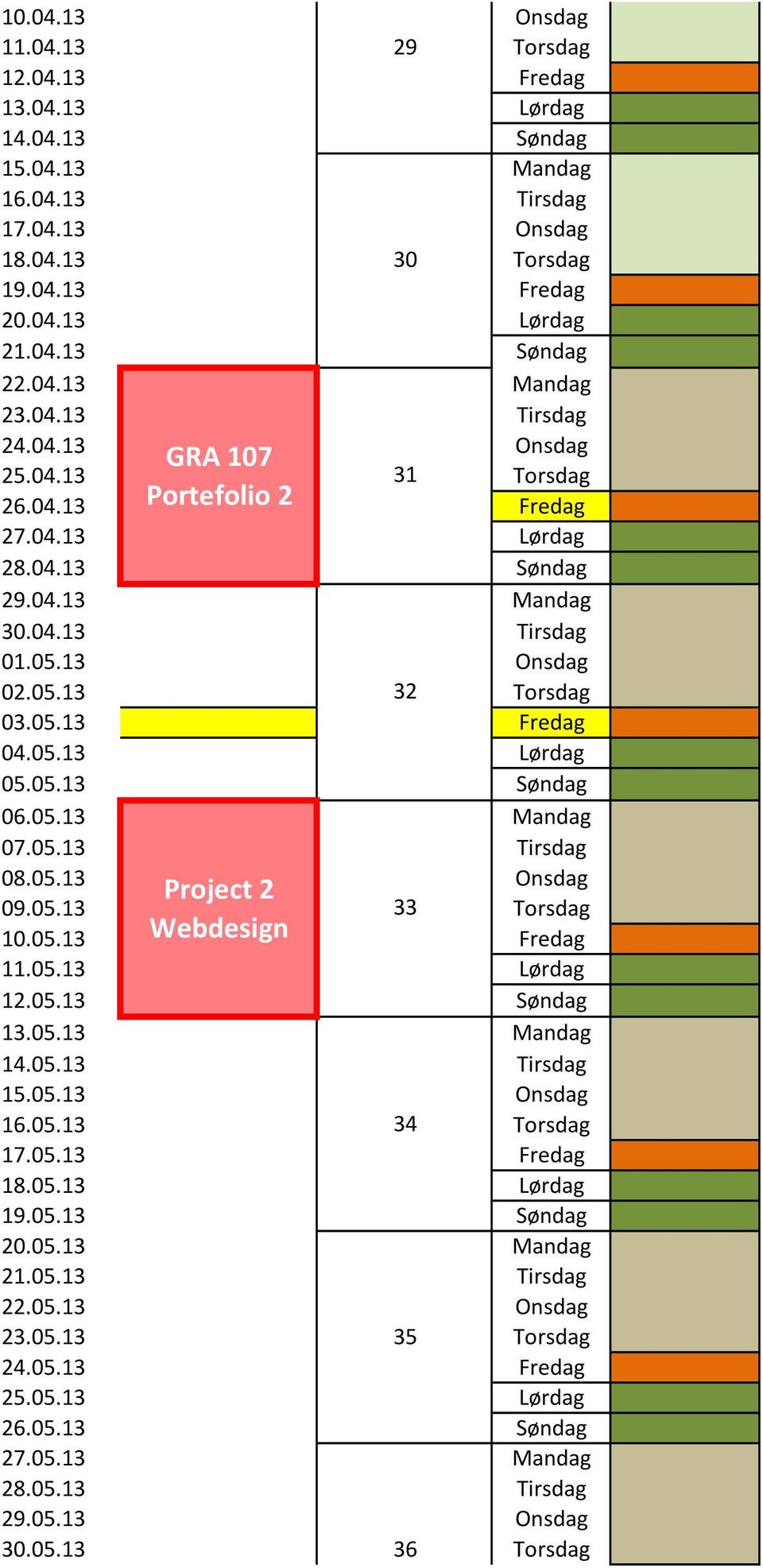 05.13 Fredag 04.05.13 Lørdag 05.05.13 Søndag 06.05.13 Mandag 07.05.13 Tirsdag 08.05.13 Onsdag Project 2 09.05.13 33 Torsdag 10.05.13 Webdesign Fredag 11.05.13 Lørdag 12.05.13 Søndag 13.05.13 Mandag 14.
