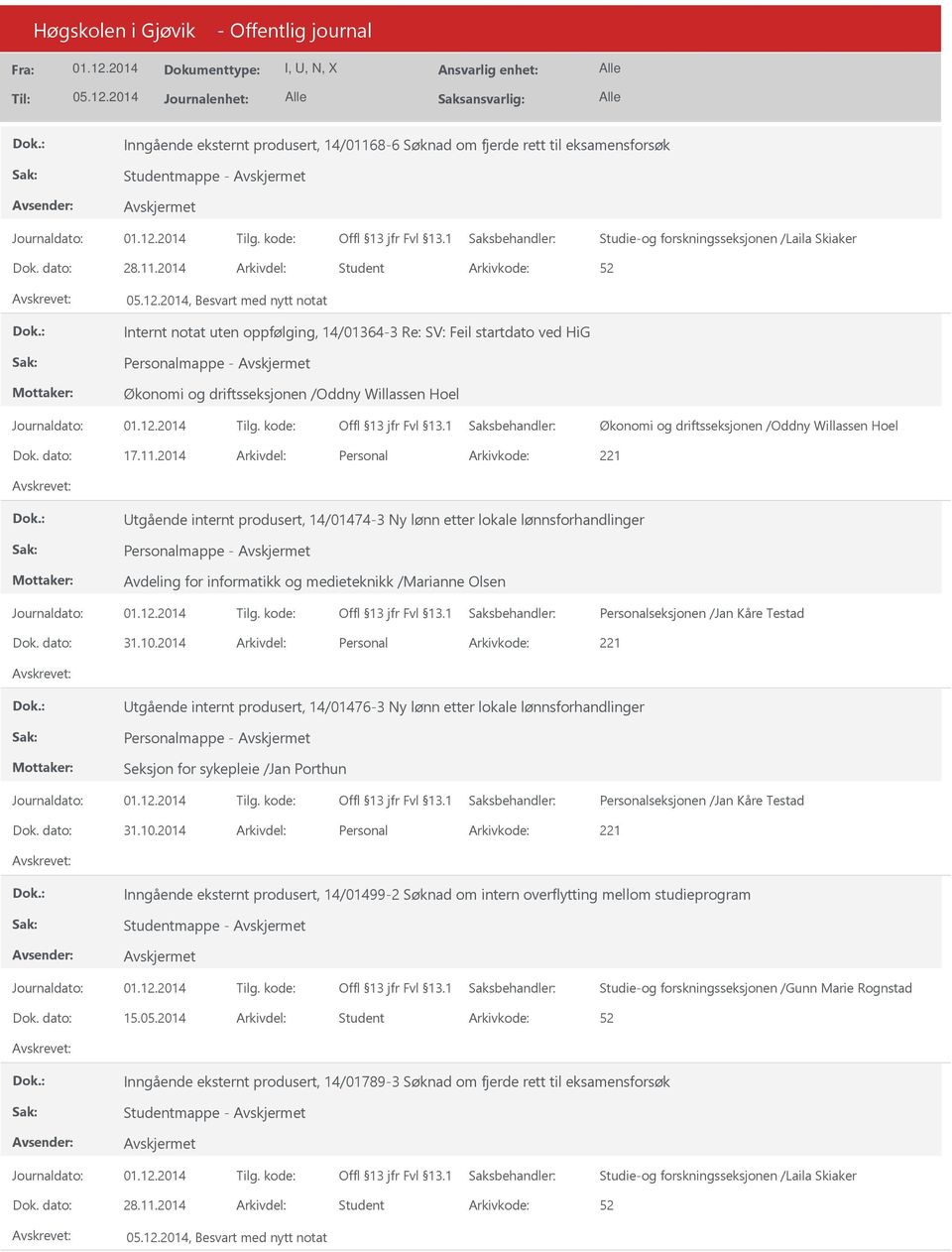 2014 Arkivdel: Student, Besvart med nytt notat Internt notat uten oppfølging, 14/01364-3 Re: SV: Feil startdato ved HiG Økonomi og driftsseksjonen /Oddny Willassen Hoel Økonomi og driftsseksjonen