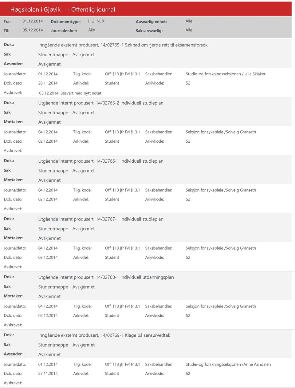 12.2014 Arkivdel: Student tgående internt produsert, 14/02766-1 Individuell studieplan Journaldato: 04.12.2014 Tilg. kode: Seksjon for sykepleie /Solveig Granseth Dok. dato: 02.12.2014 Arkivdel: Student tgående internt produsert, 14/02767-1 Individuell studieplan Journaldato: 04.