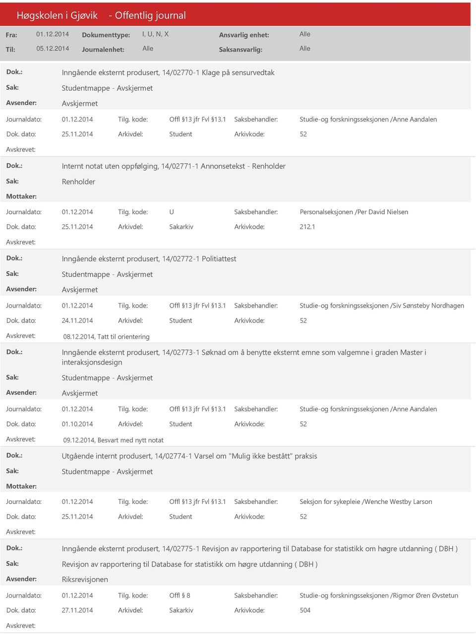 1 Inngående eksternt produsert, 14/02772-1 Politiattest Studie-og forskningsseksjonen /Siv Sønsteby Nordhagen Dok. dato: 24.11.2014 Arkivdel: Student 08.12.