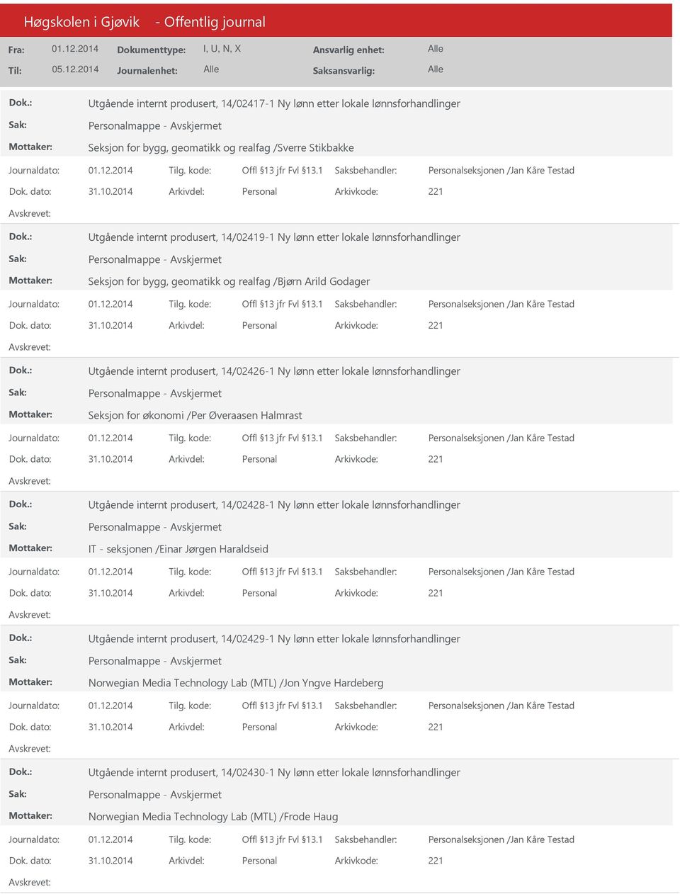 Halmrast tgående internt produsert, 14/02428-1 Ny lønn etter lokale lønnsforhandlinger IT - seksjonen /Einar Jørgen Haraldseid tgående internt produsert, 14/02429-1 Ny lønn etter lokale