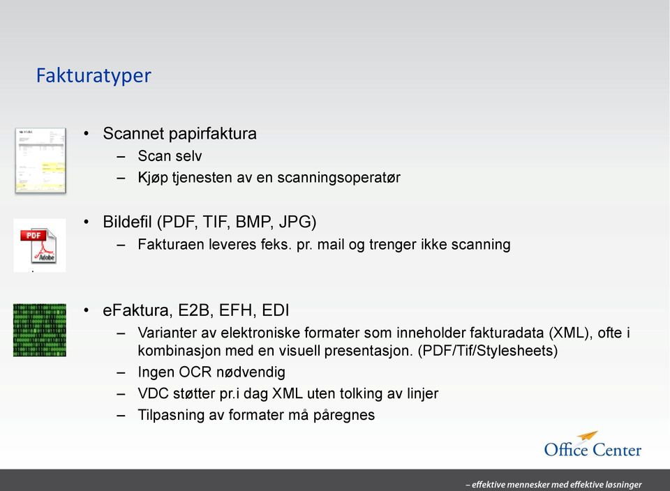 mail og trenger ikke scanning efaktura, E2B, EFH, EDI Varianter av elektroniske formater som inneholder