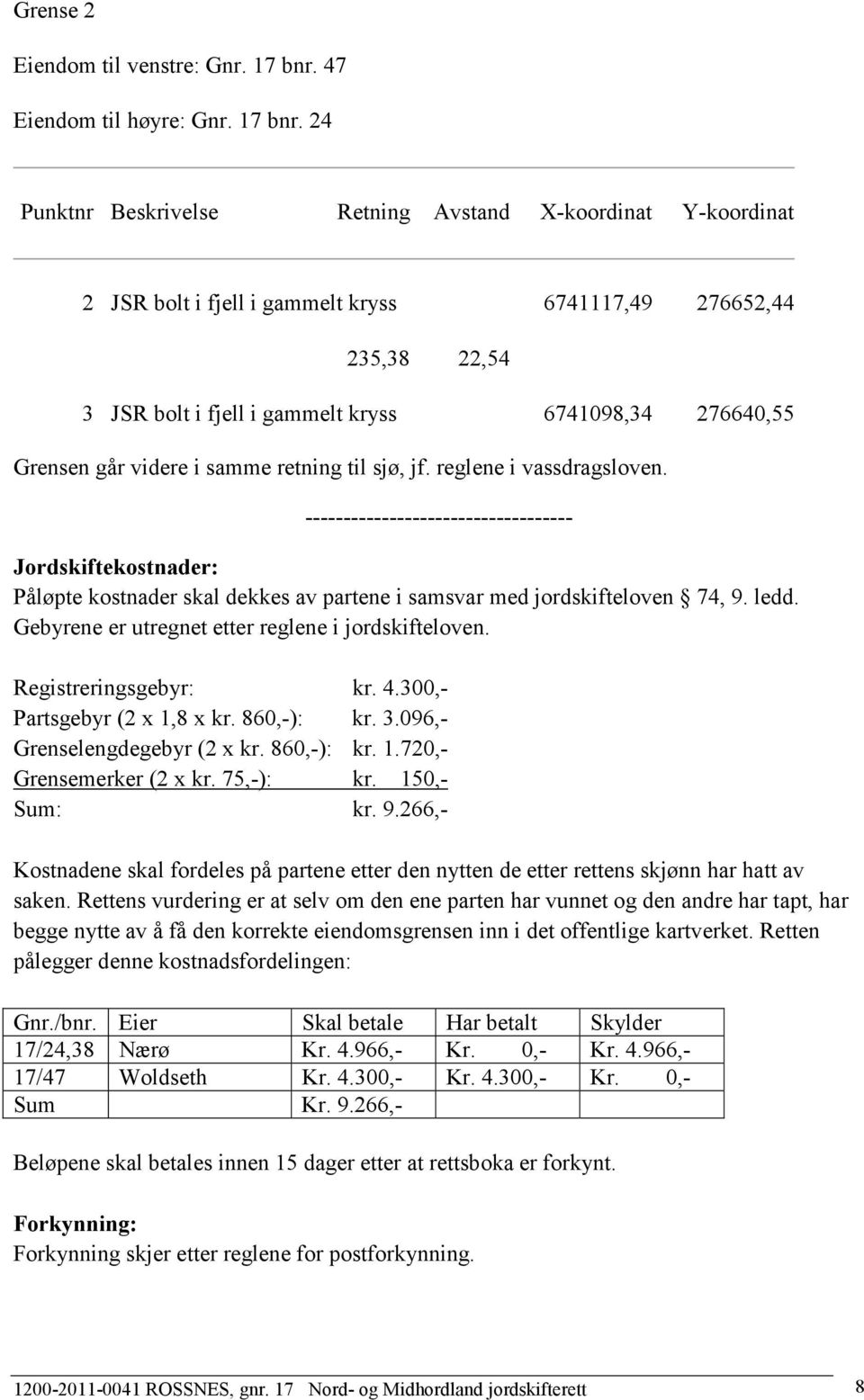 24 Punktnr Beskrivelse Retning Avstand X-koordinat Y-koordinat 2 JSR bolt i fjell i gammelt kryss 6741117,49 276652,44 235,38 22,54 3 JSR bolt i fjell i gammelt kryss 6741098,34 276640,55 Grensen går