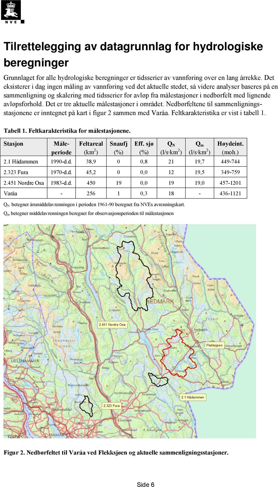 lignende avløpsforhold. Det er tre aktuelle målestasjoner i området. Nedbørfeltene til sammenligningsstasjonene er inntegnet på kart i figur 2 sammen med Varåa. Feltkarakteristika er vist i tabell 1.