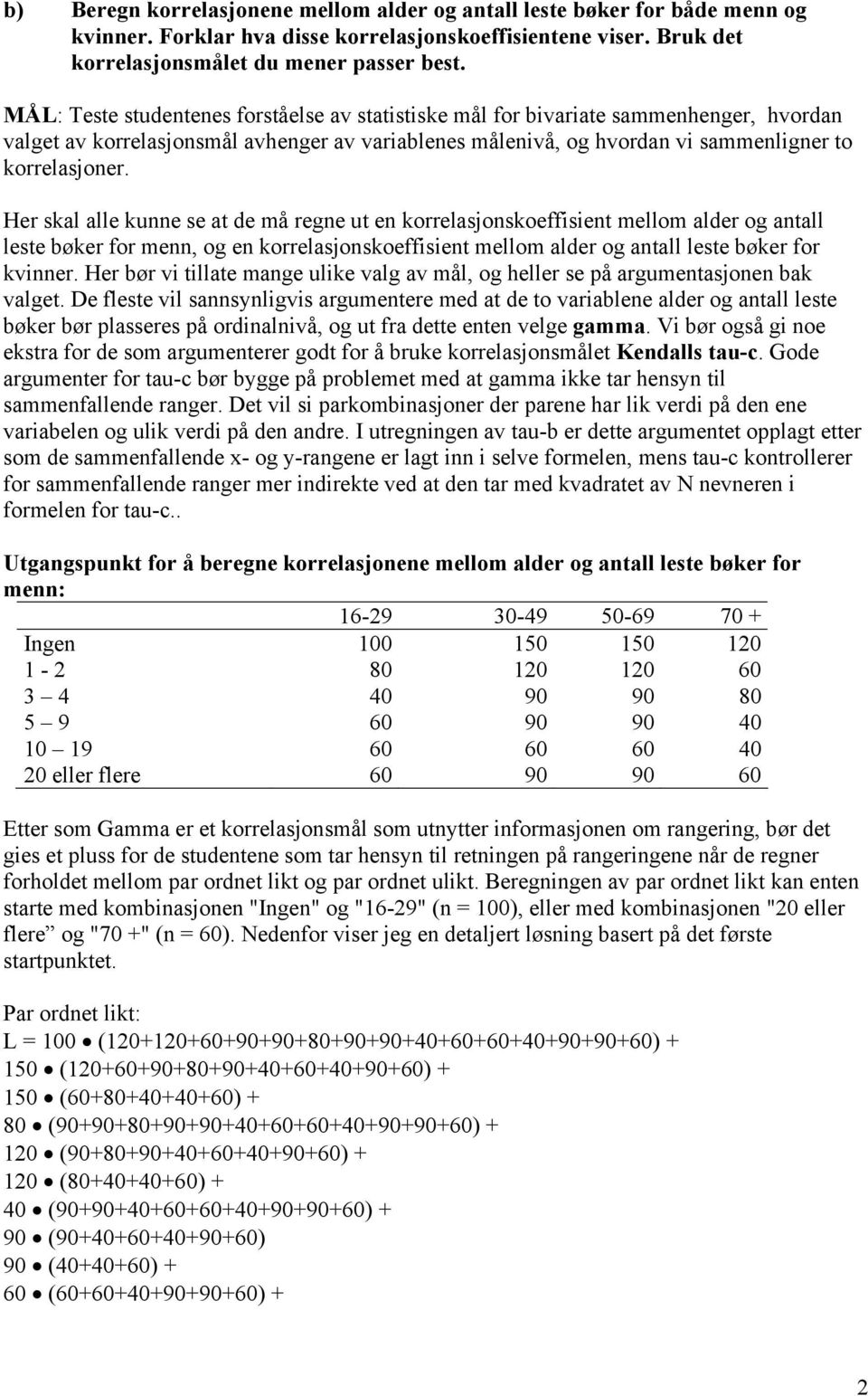 Her skal alle kunne se at de må regne ut en korrelasjonskoeffisient mellom alder og antall leste bøker for menn, og en korrelasjonskoeffisient mellom alder og antall leste bøker for kvinner.