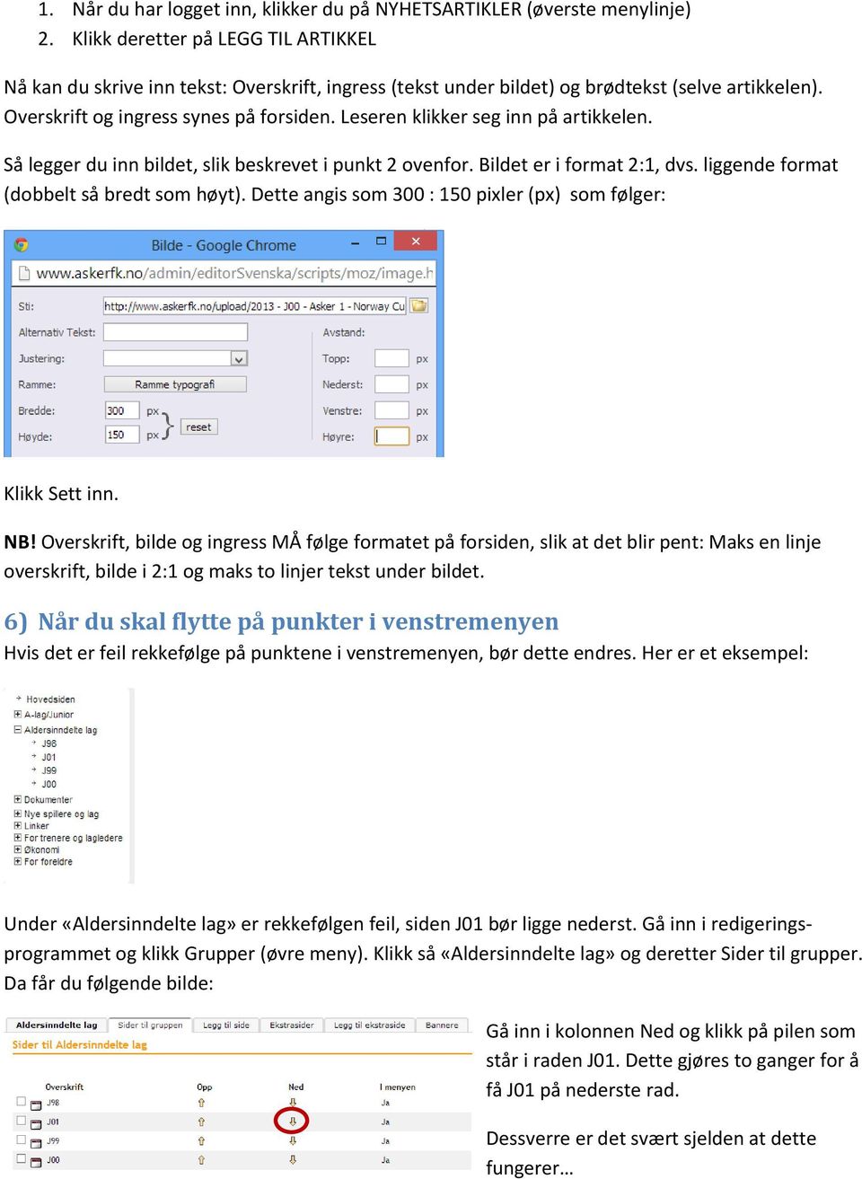 Leseren klikker seg inn på artikkelen. Så legger du inn bildet, slik beskrevet i punkt 2 ovenfor. Bildet er i format 2:1, dvs. liggende format (dobbelt så bredt som høyt).