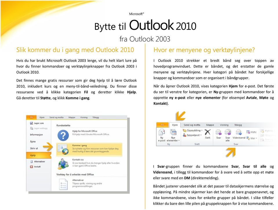 Det finnes mange gratis ressurser som gir deg hjelp til å lære Outlook 2010, inkludert kurs og en meny-til-bånd-veiledning.