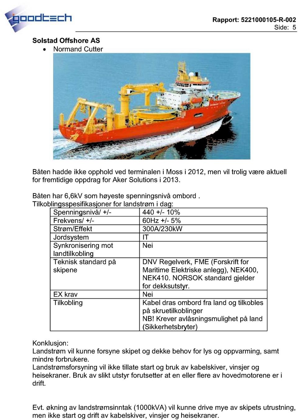 Spenningsnivå/ +/- 440 +/- 10% Frekvens/ +/- 60Hz +/- 5% Strøm/Effekt 300A/230kW Synkronisering mot Teknisk standard på DNV Regelverk, FME (Forskrift for Maritime Elektriske